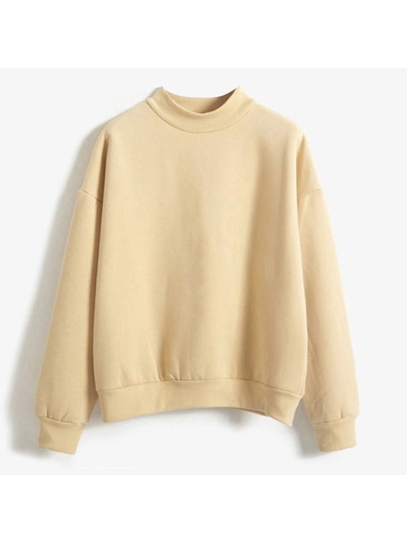 Women's Sweatshirt Casual Long Sleeve Mock Neck Loose Pullover Solid Color Comfy Y2K Sweatshirts Tunic Top(Beige,L)