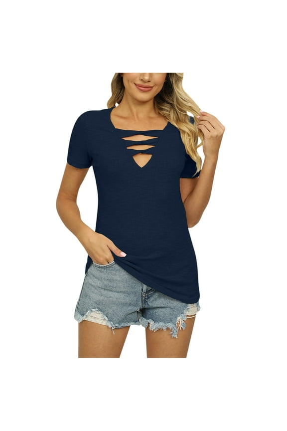 Women's T Shirts Summer Tops Low Cut Out Deep V Neck Choker Short Sleeve Tunic Tee Blouse(Black,L)