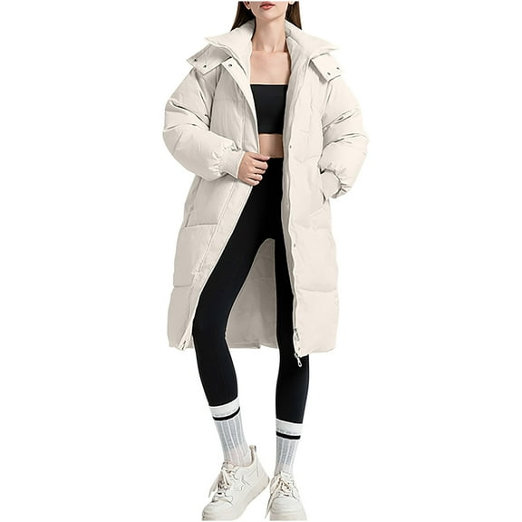 RYRJJ Women's Thickened Long Down Jacket Warm Padded Parka Winter Coats Hooded Quilted Puffer Jacket Outwear with Pockets(White,L)
