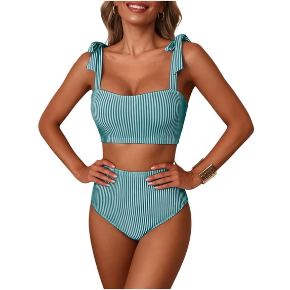 RYRJJ Women's Tie Shoulder Bikini Sets 2 Piece Striped Swimsuits High Waisted Bathing Suits(Green,M)