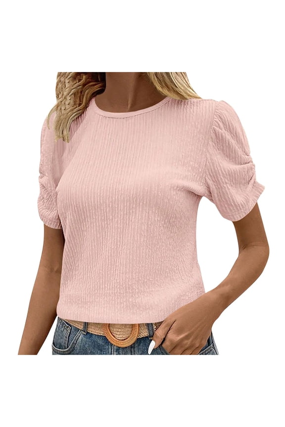 Women's Tops Elegant Pearl Embellished Puff Short Sleeve Embroidered Blouse Tops Trendy Slim Fit Knit Ribbed Summer Shirts(z1-Pink,M)