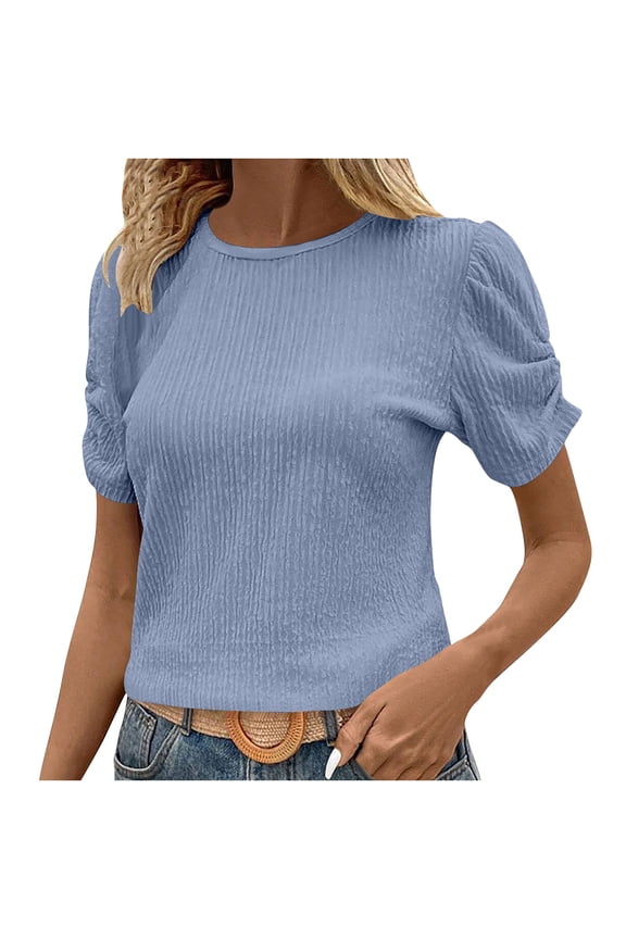 Women's Tops Elegant Pearl Embellished Puff Short Sleeve Embroidered Blouse Tops Trendy Slim Fit Knit Ribbed Summer Shirts(z1-Sky Blue,S)