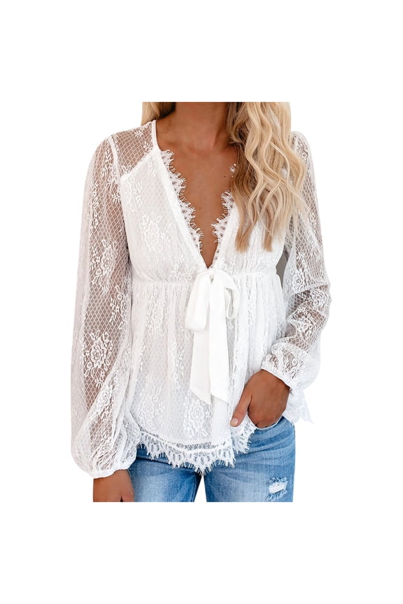 Women's Tops Lace Crochet Deep V Neck Tie Knot Front Long Sleeve Shirts Trendy Going Out Casual Dressy Blouses(White,M)
