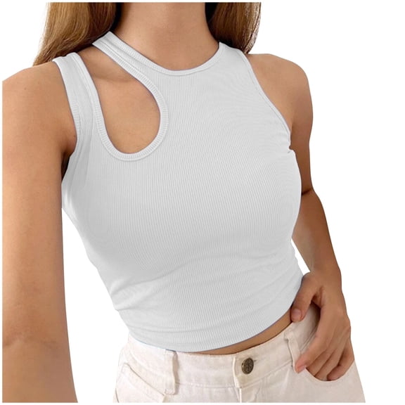 RYRJJ Women's Trendy Cut Out Tank Crop Tops Sleeveless Round Neck Slim Fitted Ribbed Camisole Tee Shirts(White,S)