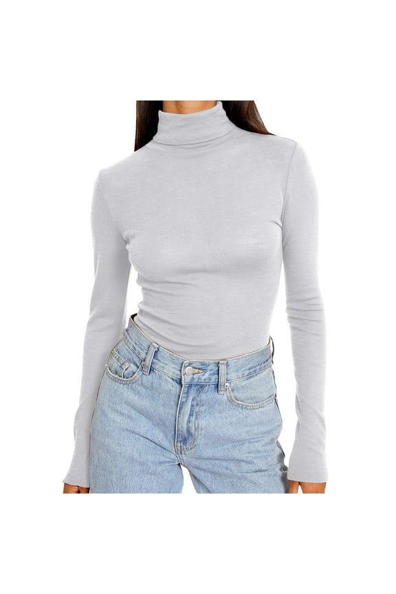 Women's Turtleneck Long Sleeve Shirts Fall Fashion Lightweight Base Layer Solid Slim Fit Thermal Underwear Tops(White,3XL)