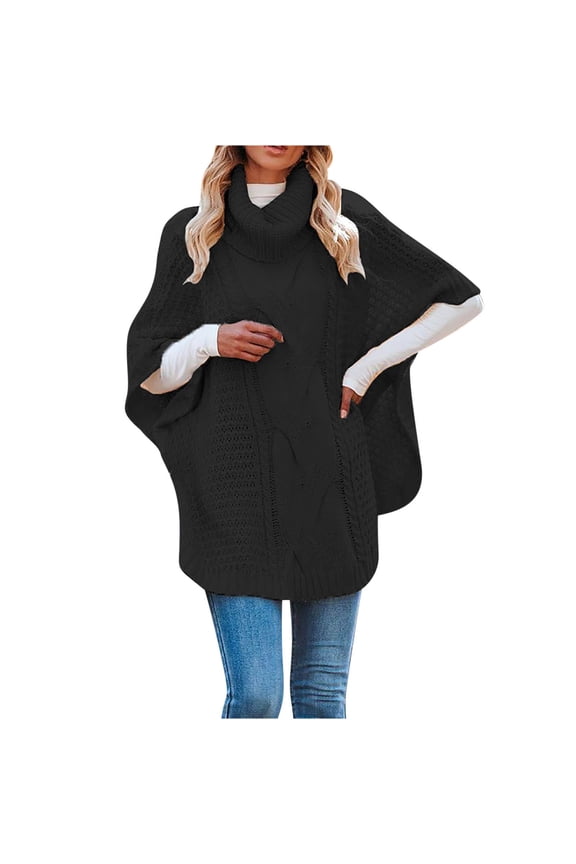 Women's Turtleneck Poncho Sweater Fashion Chunky Knit Cape Wrap Sweaters Oversized Side Slit Batwing Sleeve Pullover Jumper Tops(Black,M)