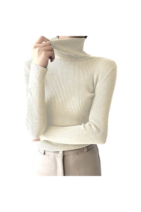 Women's Turtleneck Sweaters Long Sleeve Shirts Fall Basic Tops Slim Fitted Ribbed Knit Pullover Sweater(Beige,Free Size)