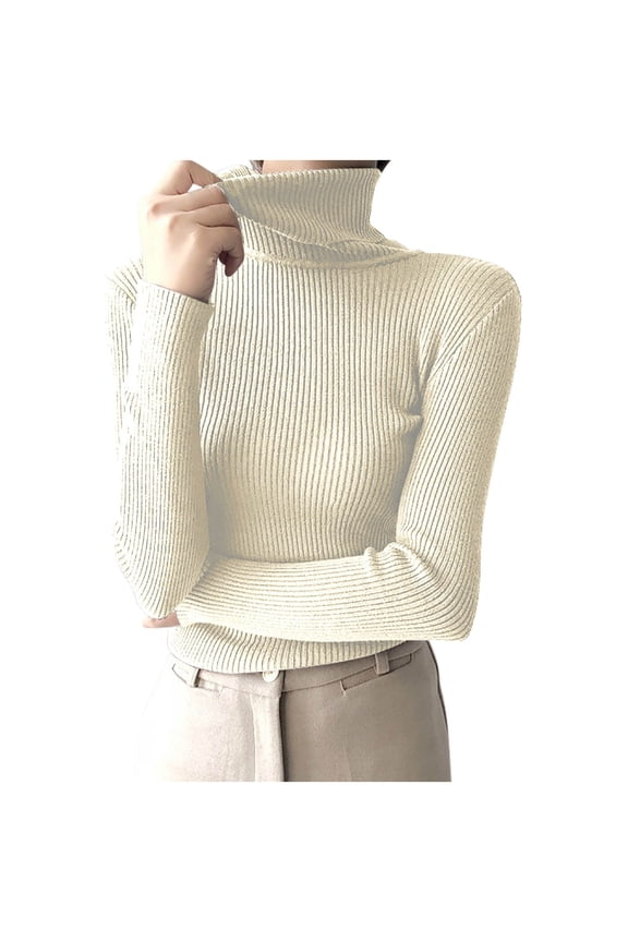 Women's Turtleneck Sweaters Long Sleeve Shirts Fall Basic Tops Slim Fitted Ribbed Knit Pullover Sweater(Beige,Free Size)