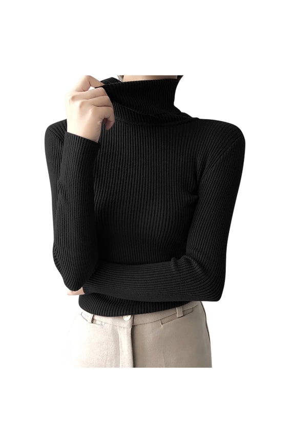 Women's Turtleneck Sweaters Long Sleeve Shirts Fall Basic Tops Slim Fitted Ribbed Knit Pullover Sweater(Black,Free Size)