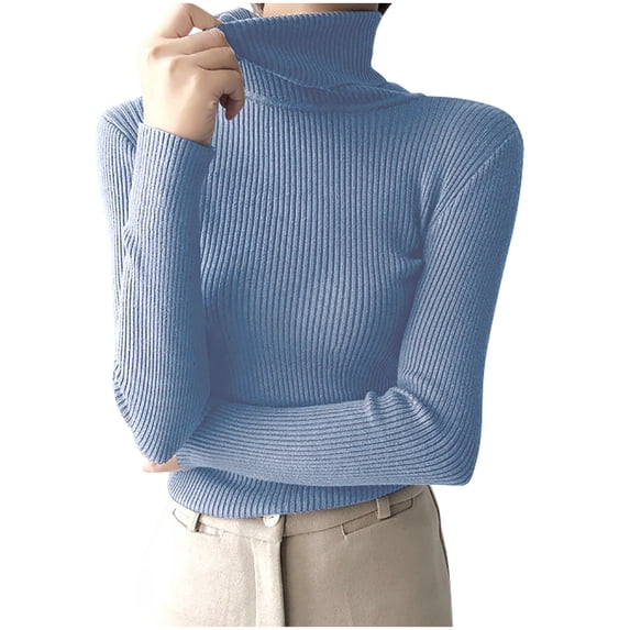 RYRJJ Women's Turtleneck Sweaters Long Sleeve Shirts Fall Basic Tops Slim Fitted Ribbed Knit Pullover Sweater(Light Blue,Free Size)