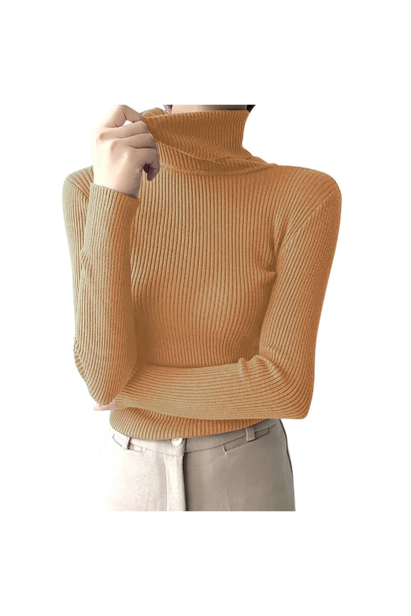 Women's Turtleneck Sweaters Long Sleeve Shirts Fall Basic Tops Slim Fitted Ribbed Knit Pullover Sweater(Orange,Free Size)