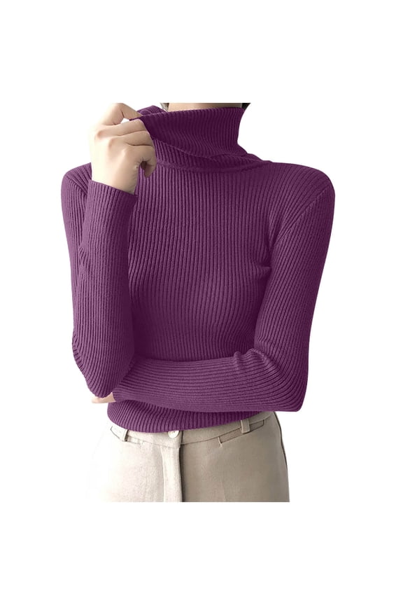 Women's Turtleneck Sweaters Long Sleeve Shirts Fall Basic Tops Slim Fitted Ribbed Knit Pullover Sweater(Purple,Free Size)