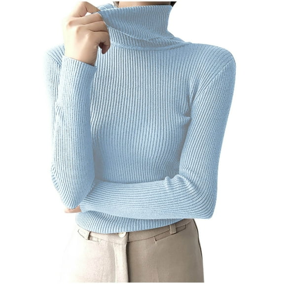 RYRJJ Women's Turtleneck Sweaters Long Sleeve Shirts Fall Basic Tops Slim Fitted Ribbed Knit Pullover Sweater(Sky Blue,Free Size)