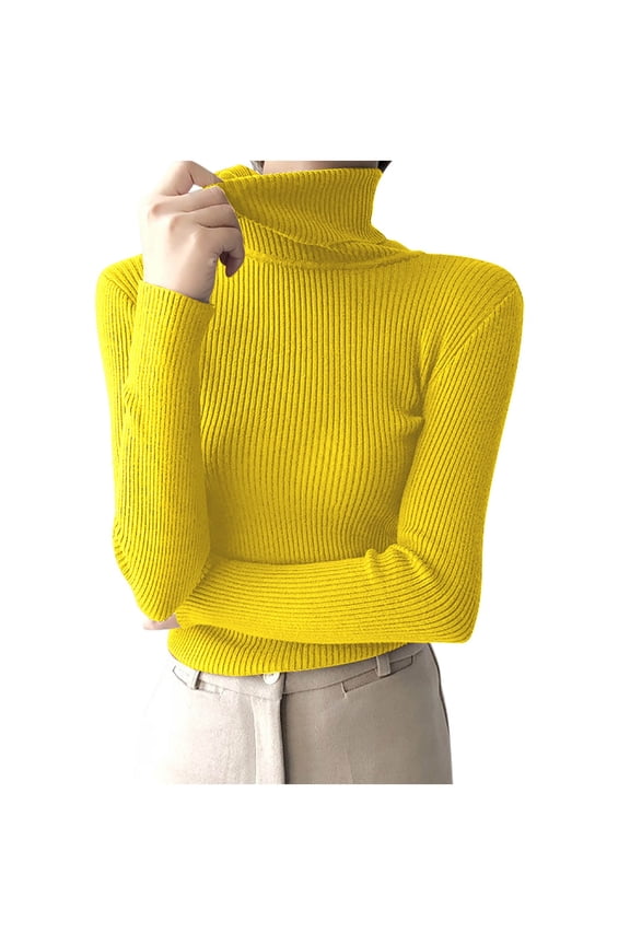 Women's Turtleneck Sweaters Long Sleeve Shirts Fall Basic Tops Slim Fitted Ribbed Knit Pullover Sweater(Yellow,Free Size)
