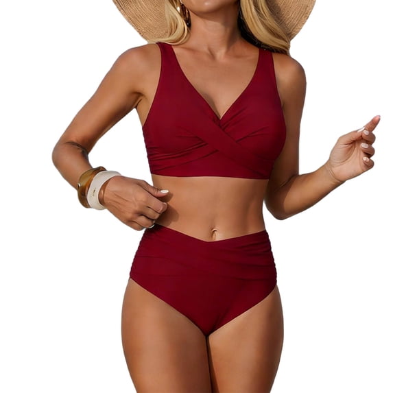 RYRJJ Women's Two Piece High Waisted Bikini Set Tummy Control Swimsuit Front Crisscross Ruched Full Coverage Bathing Suit(Wine,M)