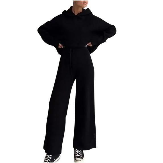 RYRJJ Women's Two Piece Outfits Oversized Hooded Sweatsuit Long Sleeve Hoodies Pullover Top with Wide Leg Pants Ribbed Knit Slouchy Sweater Sets(Black,XL)