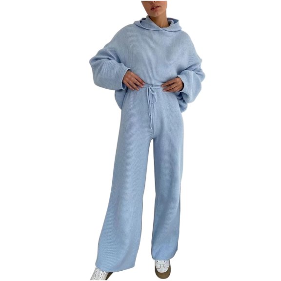 RYRJJ Women's Two Piece Outfits Oversized Hooded Sweatsuit Long Sleeve Hoodies Pullover Top with Wide Leg Pants Ribbed Knit Slouchy Sweater Sets(Blue,L)