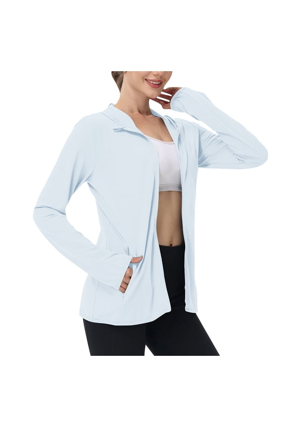 Women's UPF 50+ Lightweight Athletic Jacket Sun Protection Full Zip Long Sleeve Shirts Hiking Outdoor Pockets Jackets with Thumb Holes(Light Blue,S)