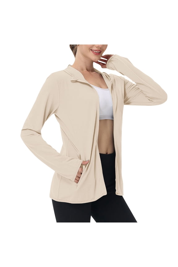 Women's UPF 50+ Lightweight Athletic Jacket Sun Protection Full Zip Long Sleeve Shirts Hiking Outdoor Pockets Jackets with Thumb Holes(Beige,M)
