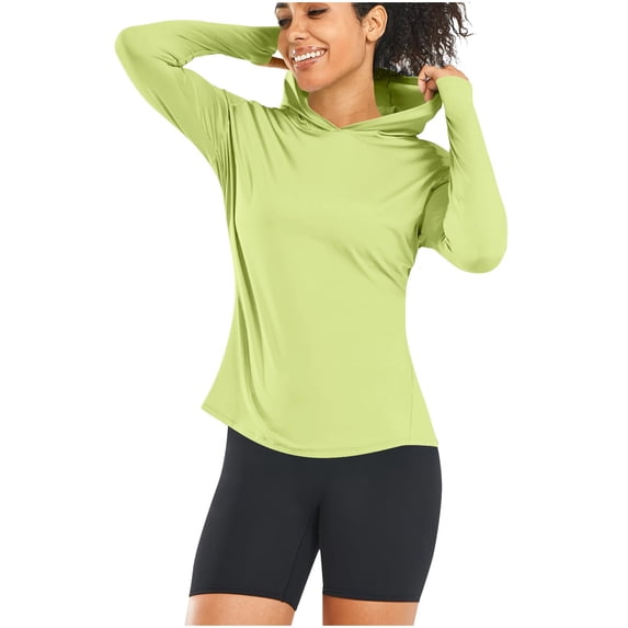 RYRJJ Women's UPF 50+ Sun Protection Hoodie Breathable Stretch Hiking Shirts Long Sleeve Pullover Tops for Running Outdoor Workout(Green,L)