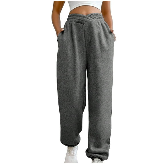 RYRJJ Women's V Crossover High Waisted Sweatpants Athletic Fit Joggers Pants Baggy Cinch Bottom Lounge Trousers with Pockets Dark Gray L