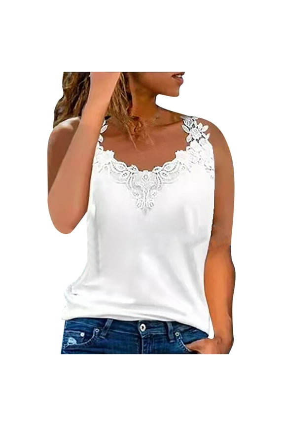 Women's V Neck Crochet Lace Strappy Cami Tank Tops Dressy Casual Loose Sleeveless Basic Tunic Blouse Shirts(White,S)