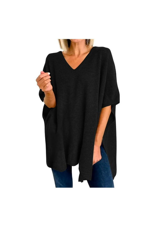 Women's V Neck Knit Poncho Sweater Side Slit Shawls Wraps Solid Capes Lightweight Batwing Short Sleeve Loose Fit Pullover Tops(Black,S)