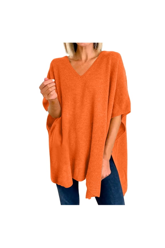 Women's V Neck Knit Poncho Sweater Side Slit Shawls Wraps Solid Capes Lightweight Batwing Short Sleeve Loose Fit Pullover Tops(Orange,XL)