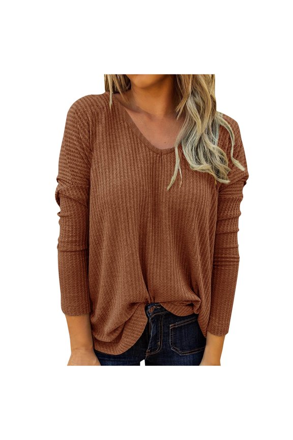 Women’s V Neck Long Sleeve Blouse Loose Fit Tunics Waffle Knit Solid Color Pullover Sweater Tops Spring Fall Tee Shirts(Khaki,M)