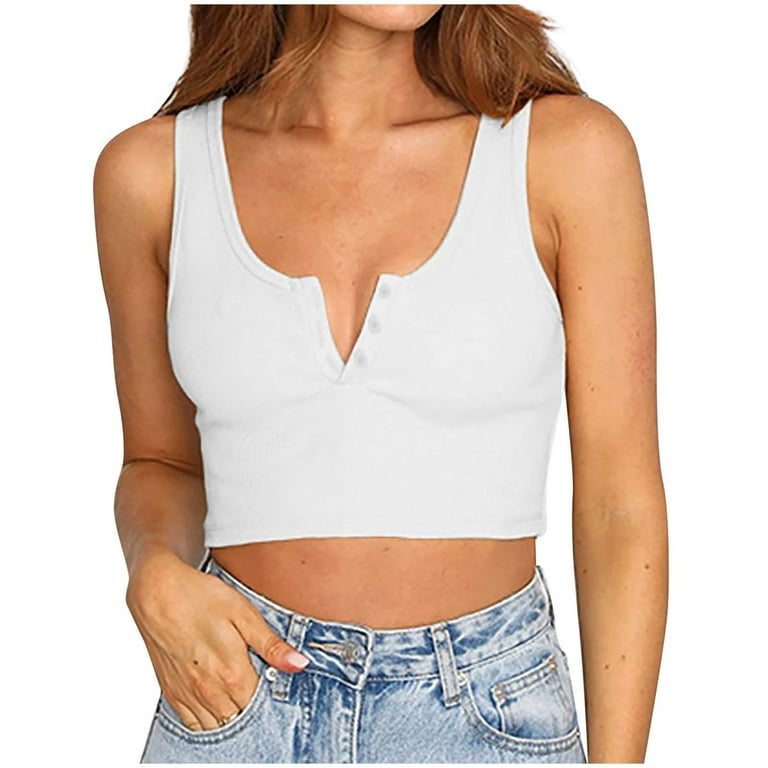 RYRJJ Women's V-Neck Sleeveless Crop Tank Top Going Out Trendy Ribbed Slim  Fitted Shirts Button Henley Cropped Cami Tees Tops(White,S) 