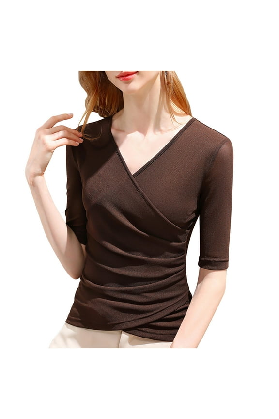 Women's V Neck Slim Fitted Tops Short Sleeve Cross Wrap Shirts Summer Trendy Ruched Tunic Tees Blouses(Brown,3XL)