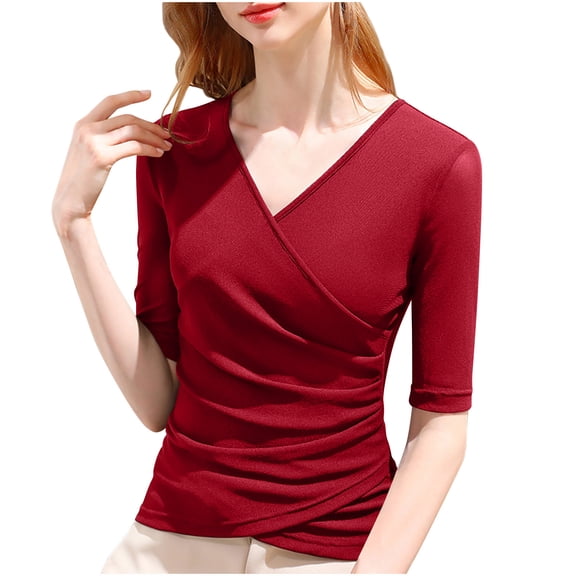RYRJJ Women's V Neck Slim Fitted Tops Short Sleeve Cross Wrap Shirts Summer Trendy Ruched Tunic Tees Blouses(Red,S)
