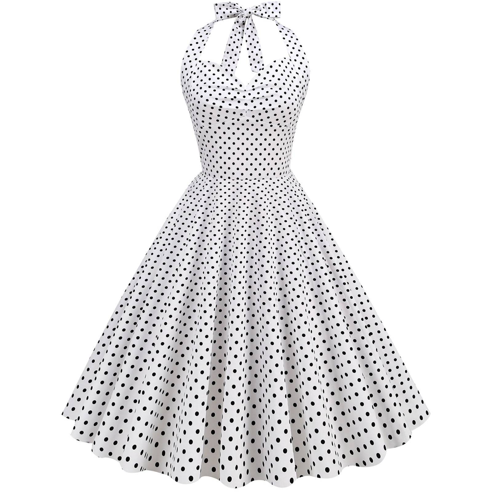 Ryrjj Women's Vintage Polka Dot Halter Dress 1950s Polka Dot Retro Rockabilly Cocktail Homecoming Prom Party Swing Tea Dresses(White,M)