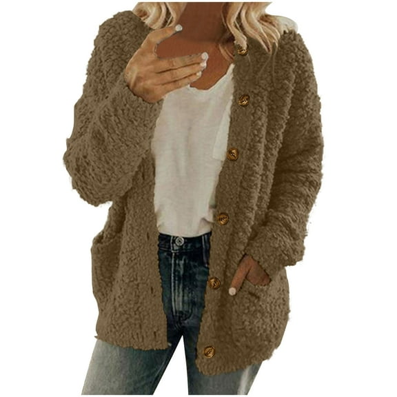RYRJJ Women's Warm Winter Coats Casual Long Sleeve Button Down Fuzzy Sherpa Fleece Jackets Cardigan Outerwear(Brown,XL)