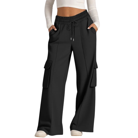 RYRJJ Women's Wide Leg Cargo Sweatpants Casual Loose Jogger Trousers Drawstring High Waisted Baggy Lounge Pants with Pockets(Black;S)