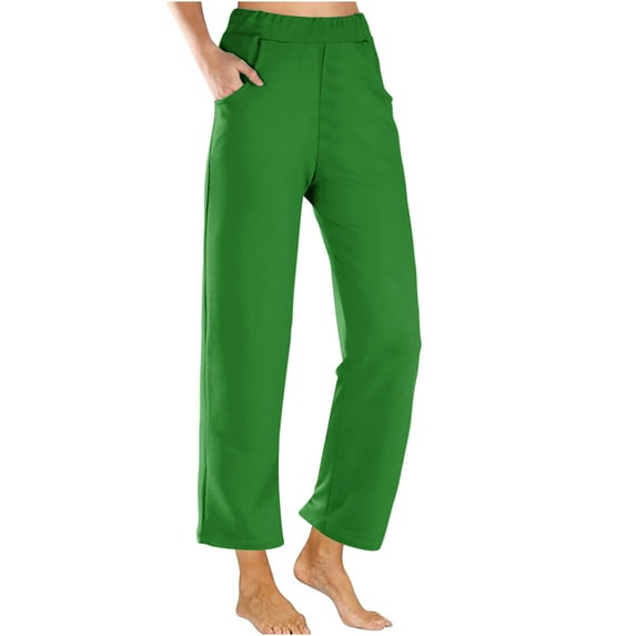RYRJJ Women's Wide Leg Casual Loose Pants Yoga Sweatpants Comfy Elastic High Waisted Lounge Pajama Pants Cropped Trousers with Pockets(Dark Green,S)