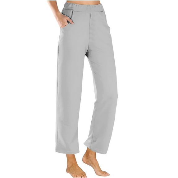 RYRJJ Women's Wide Leg Casual Loose Pants Yoga Sweatpants Comfy Elastic High Waisted Lounge Pajama Pants Cropped Trousers with Pockets(Gray,L)
