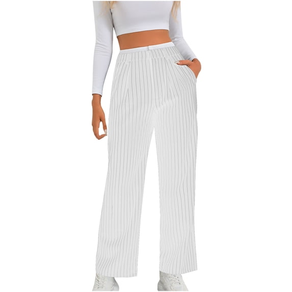 RYRJJ Women's Wide Leg Dress Pants Trendy Striped High Waisted Slacks Pants Dressy Work Office Trousers with Pockets(White,L)