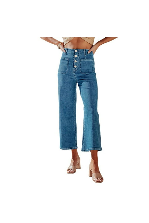 Women's Wide Leg Jean Capris High Waisted Stretchy Straight Leg Jeans Buttoned Boyfriend Baggy Cropped Denim Pants with Pocket(Sky Blue,S)