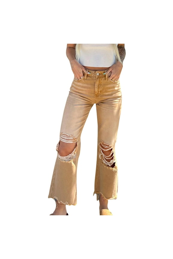 Women's Wide Leg Jean Capris High Waisted Stretchy Straight Leg Jeans Buttoned Boyfriend Baggy Cropped Denim Pants with Pocket(z1-Brown,M)