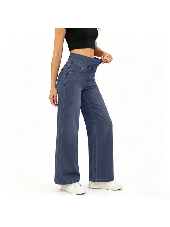 Women's Wide Leg Jeans High Waisted Stretchy Tummy Control Denim Pants Pull On Trendy Baggy Jeans with Pockets