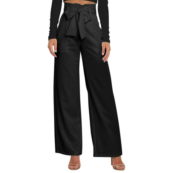 RYRJJ Women's Wide Leg Palazzo Pants with Pockets Belted High Waist Loose Casual Flowy Long Trousers Business Work Slacks Pants(Black,L)