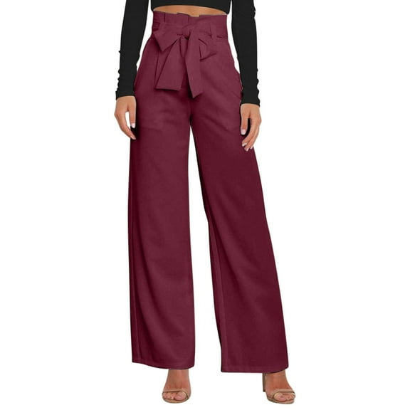 RYRJJ Women's Wide Leg Palazzo Pants with Pockets Belted High Waist Loose Casual Flowy Long Trousers Business Work Slacks Pants(Wine,XL)