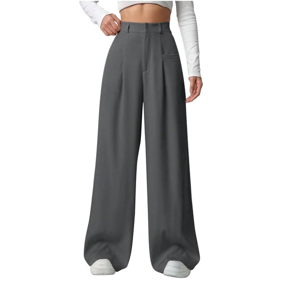 RYRJJ Women's Wide Leg Pants Elastic High Waisted Casual Palazzo Pants Business Casual Slacks Work Trousers with Pockets(Gray,XL)