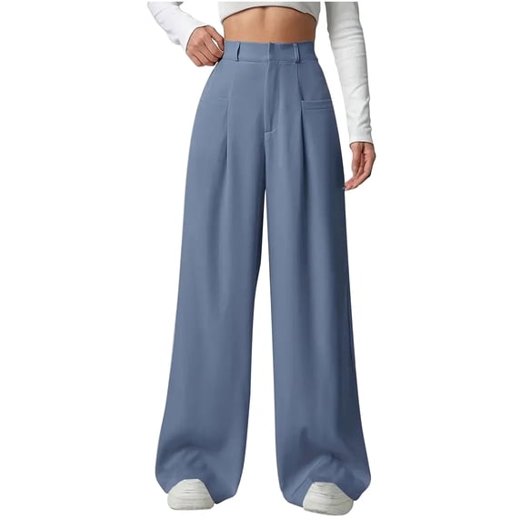 RYRJJ Women's Wide Leg Pants Elastic High Waisted Casual Palazzo Pants Business Casual Slacks Work Trousers with Pockets(Light Blue,XL)