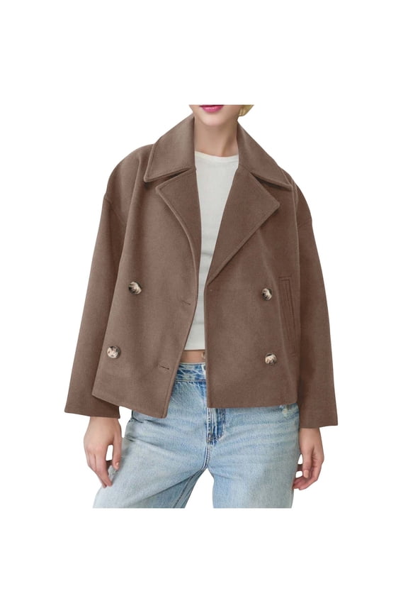 Women's Winter Cropped Wool Pea Coat Loose Fit Double Breasted Dressy Short Blazer Jacket Overcoat with Pockets(Coffee,S)