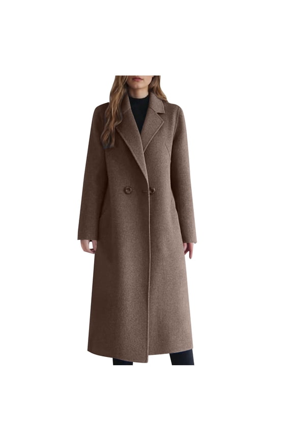 Women's Winter Double Breasted Wool Coats Long Sleeve Notch Lapel Long Trench Coat Dressy Casual Peacoat Outwear(Coffee,M)
