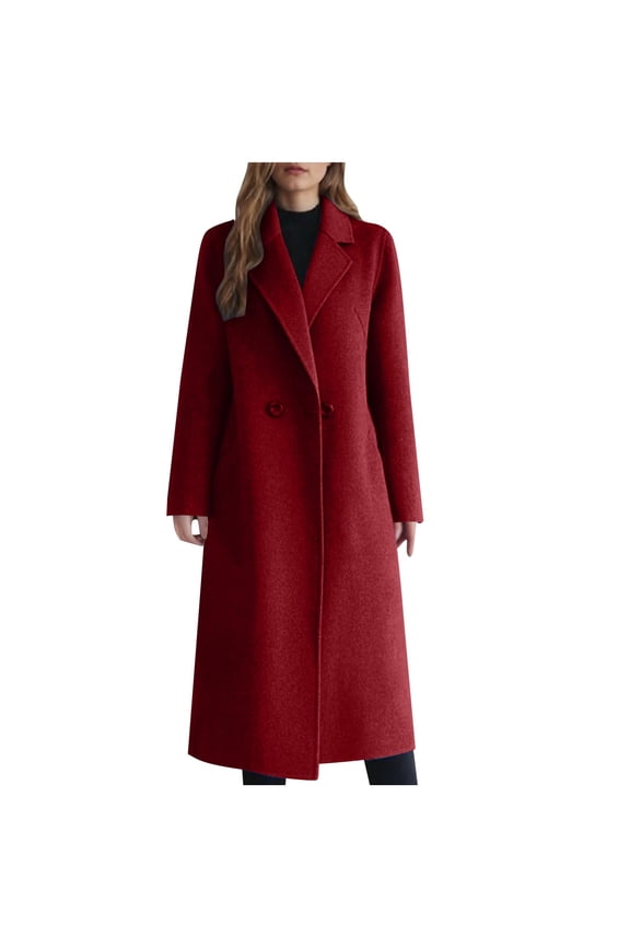 Women's Winter Double Breasted Wool Coats Long Sleeve Notch Lapel Long Trench Coat Dressy Casual Peacoat Outwear(Red,XL)