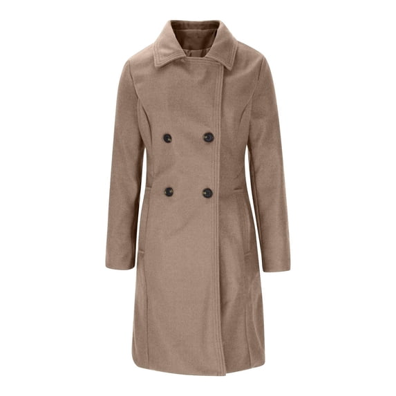 RYRJJ Women's Winter Pea Coat Notch Lapel Double Breasted Elegant Long Casual Overcoat Fashion Trench Coat(Khaki,L)