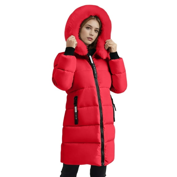 RYRJJ Women's Winter Puffer Coat Windproof Long Warm Down Coats Thicken Hooded Fleece Lined Parka Jackets with Zipper Pockets(Red,XL)